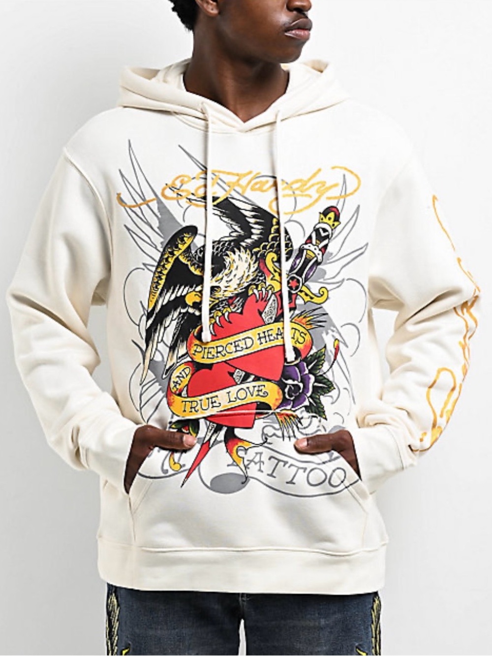 NWT Ed Hardy Men's Eagle Graphic Fleece Zip Up Hoodie Sweatshirt Ivory Size XL